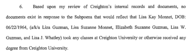 Based uon my review of Creighton's internal records and documents, no documents exist in response to the Subpoena that would reflect that Lisa Kay Monnet, DOB: 06/22/1964, (a/k/a Lisa Guzman, Lisa Suzanne Monnet, Elizabeth Suzanne Guzman, Lisa W. Guzman, and Lisa J. Whatley) took any classes at Creighton University or otherwise received any degree from Creighton University.